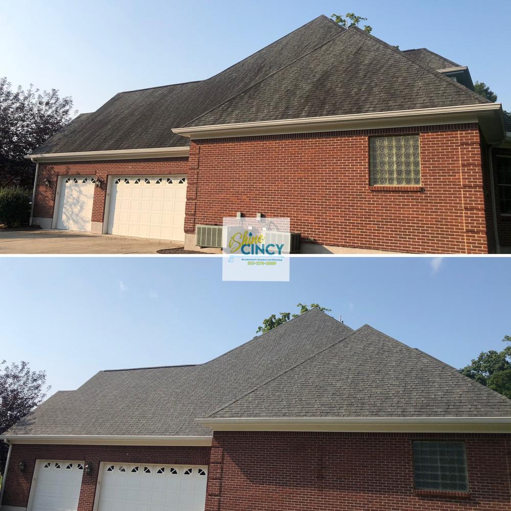 Before / after of a roof cleaning in West Chester, Ohio by iShine Cincy